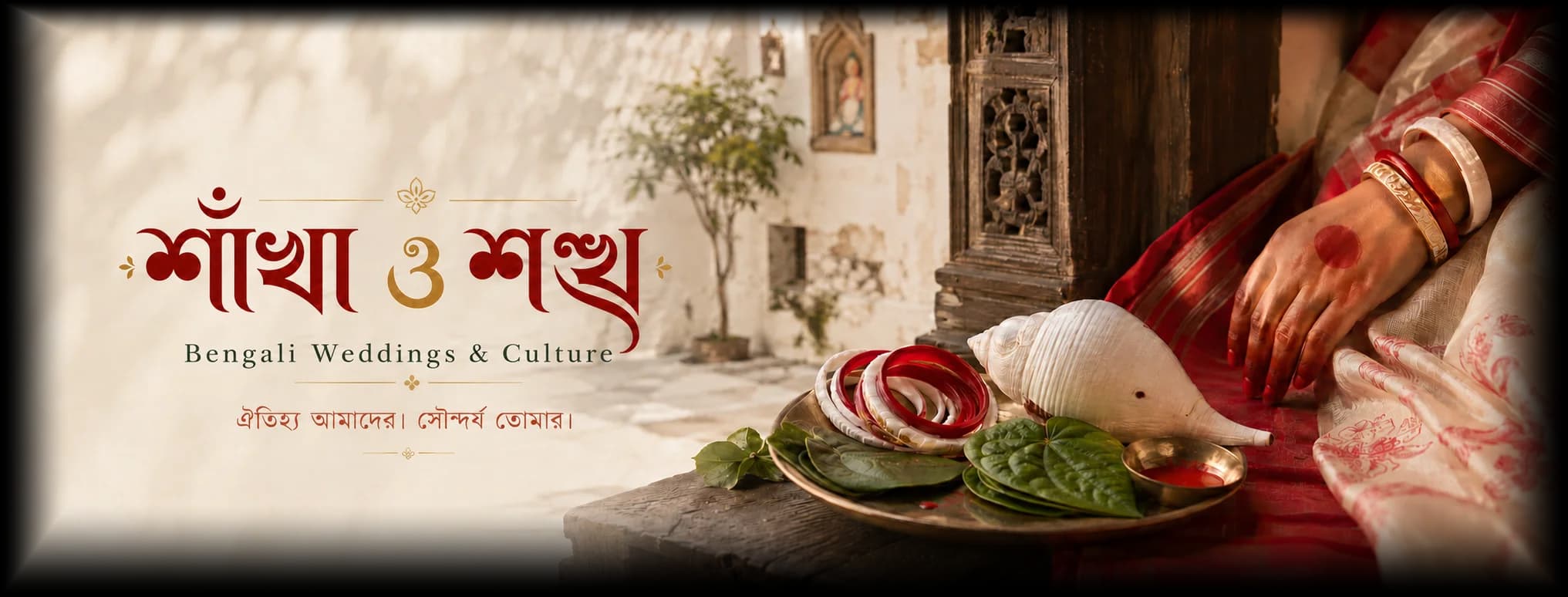শাঁখা ও শঙ্খ — Bengali Weddings & Culture. ঐতিহ্য আমাদের। সৌন্দর্য তোমার। A bride's hands with shakha-pola and alta rest beside a brass plate of paan leaves, bangles, and a conch in an old Bengali courtyard.